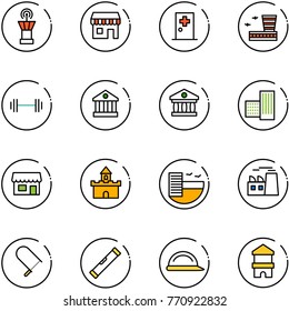 line vector icon set - airport tower vector, duty free, first aid room, building, barbell, bank, store, sand fort, hotel, plant, fretsaw, level, construction helmet, toy block house