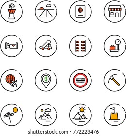 line vector icon set - airport tower vector, runway, passport, duty free, hotel, trap truck, plane seats, baggage scales, globe, dollar pin, customs road sign, rock axe, beach, mountains, pyramid
