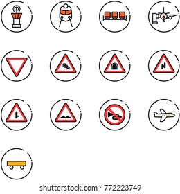 line vector icon set - airport tower vector, train, waiting area, boarding passengers, giving way road sign, multi lane traffic, tunnel, abrupt turn right, intersection, rough, no horn, plane