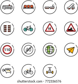 line vector icon set - airport bus vector, waiting area, baggage truck, trap, plane seats, bike, oncoming traffic road sign, steep roadside, speed limit 110, end, globe, paper fly, helicopter