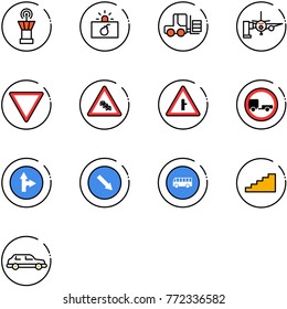 line vector icon set - airport tower vector, terrorism, fork loader, boarding passengers, giving way road sign, multi lane traffic, intersection, no trailer, only forward right, detour, bus, stairs