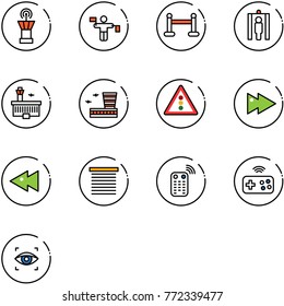 line vector icon set - airport tower vector, traffic controller, vip zone, metal detector gate, building, light road sign, fast forward, backward, jalousie, remote control, joystick wireless
