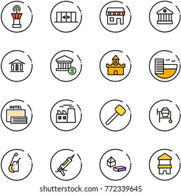 line vector icon set - airport tower vector, automatic doors, duty free, bank, account, sand fort, hotel, sea, plant, rubber hammer, cocncrete mixer, winch, gun sealant, constructor blocks