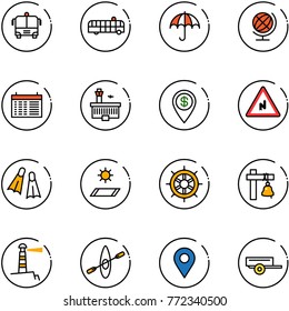 line vector icon set - airport bus vector, insurance, globe, schedule, building, dollar pin, abrupt turn right road sign, flippers, mat, hand wheel, ship bell, lighthouse, kayak, navigation, trailer