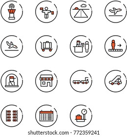 line vector icon set - airport tower vector, traffic controller, runway, departure, arrival, baggage, passport control, travolator, officer window, duty free, truck, trap, plane seats, schedule