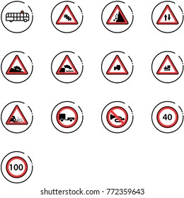 line vector icon set - airport bus vector, multi lane traffic road sign, landslide, oncoming, steep descent, embankment, tractor way, railway intersection, gravel, no trailer, horn, speed limit 40