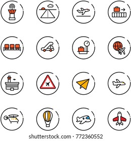 line vector icon set - airport tower vector, runway, departure, baggage, waiting area, trap truck, scales, plane globe, building, road sign, paper fly, helicopter, air balloon, toy
