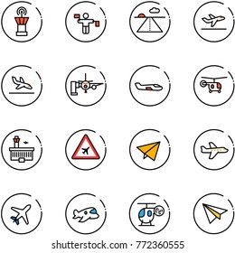 line vector icon set - airport tower vector, traffic controller, runway, departure, arrival, boarding passengers, small plane, helicopter, building, road sign, paper fly, toy