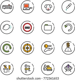 line vector icon set - airport bus vector, netabook connect, dog, pipette, lemon, no road sign, folder, undo, clock around, target, key hand, dollar, speaker, clamp, excavator toy, ufo