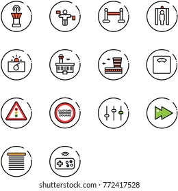 line vector icon set - airport tower vector, traffic controller, vip zone, metal detector gate, terrorism, building, floor scales, light road sign, customs, settings, fast forward, jalousie