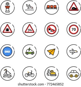 Line Vector Icon Set - Airport Tower Vector, Arrival, Waiting Area, Climb Road Sign, Tunnel, Side Wind, No Horn, Speed Limit 70, Bus, Electric Car, Paper Fly, Plane, Sail Boat, Bike, Excavator Toy