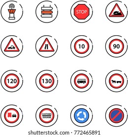 line vector icon set - airport tower vector, sign post, stop road, climb, car crash, narrows, speed limit 10, 90, 120, 130, no bus, cart horse, truck overtake, customs, circle, parking