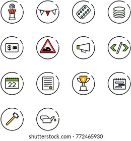 line vector icon set - airport tower vector, flag garland, pills blister, coin, credit card, steep descent road sign, loudspeaker, tag code, calendar, agreement, win cup, terms plan, sledgehammer