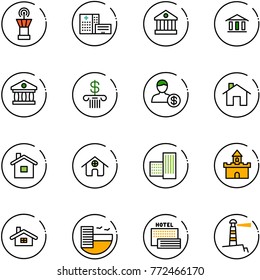 line vector icon set - airport tower vector, hospital building, bank, account, home, sand fort, hotel, sea, lighthouse