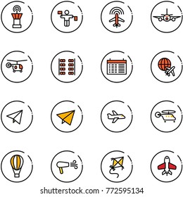 line vector icon set - airport tower vector, traffic controller, plane radar, helicopter, seats, schedule, globe, paper fly, air balloon, dryer, kite, toy