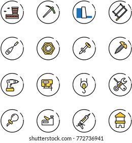line vector icon set - airport building vector, job, water power plant, bucksaw, chisel, nut, nail dowel, screw, drill, jig saw, winch, wrench screwdriver, oiler, stapler, gun sealant