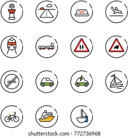 line vector icon set - airport tower vector, runway, taxi, arrival, train, baggage truck, oncoming traffic road sign, tractor way, end overtake limit, car, electric, sail boat, bike, cruiser