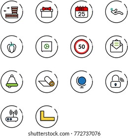 line vector icon set - airport building vector, gift, 25 dec calendar, abdominal muscles, sweet pepper, safe, speed limit 50 road sign, opened mail, bell, mat, globe, wireless lock, wi fi router