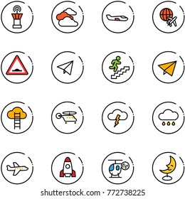 line vector icon set - airport tower vector, clouds, small plane, globe, artificial unevenness road sign, paper fly, career, cloud ladder, helicopter, storm, rain, rocket, toy, moon lamp