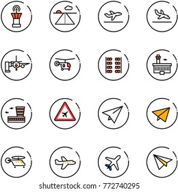 line vector icon set - airport tower vector, runway, departure, arrival, boarding passengers, helicopter, plane seats, building, road sign, paper, fly