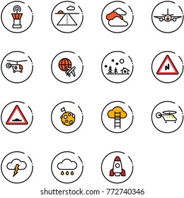line vector icon set - airport tower vector, runway, clouds, plane, helicopter, globe, christmas landscape, abrupt turn right road sign, artificial unevenness, moon flag, cloud ladder, storm, rain