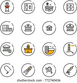 line vector icon set - airport tower vector, elevator, building, baggage room, hospital, bank, account, sand fort, hotel, lighthouse, fretsaw, bolt cutter, cocncrete mixer, gun sealant