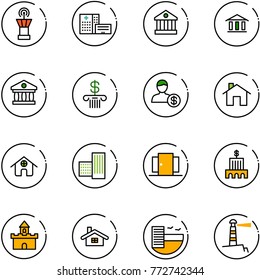 line vector icon set - airport tower vector, hospital building, bank, account, home, doors, sand fort, hotel, lighthouse