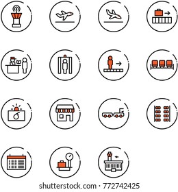 line vector icon set - airport tower vector, departure, arrival, baggage, passport control, metal detector gate, travolator, waiting area, terrorism, duty free, truck, plane seats, schedule, scales