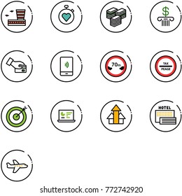 line vector icon set - airport building vector, stopwatch heart, big cash, bank, card pay, mobile payment, limited distance road sign, tax peage, target, statistics monitor, arrows up, sea hotel