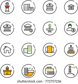 line vector icon set - airport tower vector, hospital building, bank, account, home, doors, sand fort, hotel, sea, lighthouse
