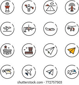 line vector icon set - airport tower vector, traffic controller, runway, plane radar, departure, boarding passengers, small, helicopter, building, paper, fly, toy