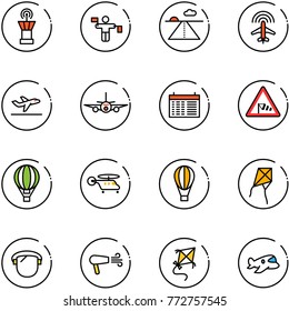 line vector icon set - airport tower vector, traffic controller, runway, plane radar, departure, schedule, side wind road sign, air balloon, helicopter, kite, protect glass, dryer, toy