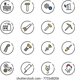 line vector icon set - airport building vector, work, gear, oil derrick, plant, saw, hammer, axe, plumber, bolt, nail dowel, clinch, rivet, metal hacksaw, winch, chicken toy