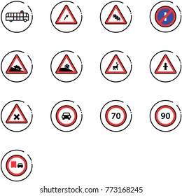 line vector icon set - airport bus vector, turn right road sign, multi lane traffic, no parkin odd, steep descent, roadside, wild animals, intersection, railway, car, speed limit 70, 90