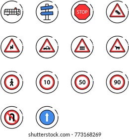 line vector icon set - airport bus vector, road signpost sign, stop, multi lane traffic, abrupt turn right, car crash, railway intersection, cow, no pedestrian, speed limit 10, 50, 90, back