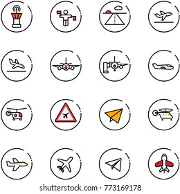 line vector icon set - airport tower vector, traffic controller, runway, departure, arrival, plane, boarding passengers, small, helicopter, road sign, paper fly, toy