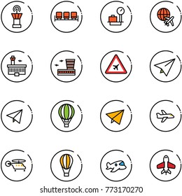 line vector icon set - airport tower vector, waiting area, baggage scales, plane globe, building, road sign, paper, fly, air balloon, helicopter, toy