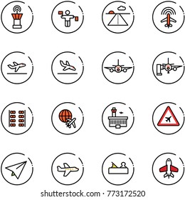 line vector icon set - airport tower vector, traffic controller, runway, plane radar, departure, arrival, boarding passengers, seats, globe, building, road sign, paper, jointer, toy