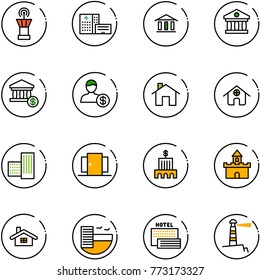 line vector icon set - airport tower vector, hospital building, bank, account, home, doors, sand fort, hotel, sea, lighthouse