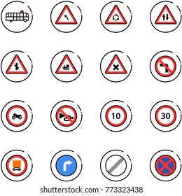 line vector icon set - airport bus vector, turn left road sign, round motion, oncoming traffic, intersection, railway, no, moto, horn, speed limit 10, 30, dangerous cargo, only right, stop