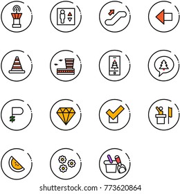 line vector icon set - airport tower vector, elevator, escalator up, left arrow, road cone, building, christmas mobile, merry message, ruble, diamond, check, speaker, watermelon, flower