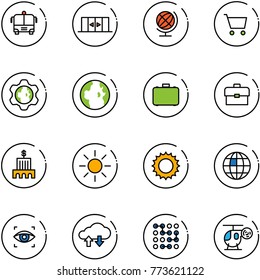 line vector icon set - airport bus vector, automatic doors, globe, cart, gear, case, portfolio, bank building, sun, eye scanner, cloud exchange data, circuit, helicopter toy