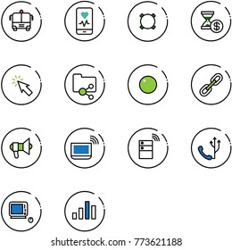 line vector icon set - airport bus vector, mobile heart monitor, currency, account history, cursor, shared folder, record, link, megaphone, notebook wi fi, server wireless, phone, monoblock pc
