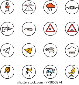 line vector icon set - airport tower vector, runway, storm, plane, boarding passengers, small, road sign, artificial unevenness, paper fly, helicopter, rain cloud, kite, toy, moon lamp