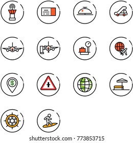 line vector icon set - airport tower vector, ticket, client bell, trap truck, plane, boarding passengers, baggage scales, globe, dollar pin, intersection road sign, inflatable pool, hand wheel