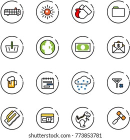 line vector icon set - airport bus vector, sun, gloves, folder, basket, globe, money, mail dollar, beer, terms plan, snow, no signal, trowel, generator, dinosaur toy, hammer