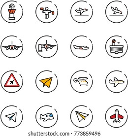 line vector icon set - airport tower vector, traffic controller, departure, arrival, plane, boarding passengers, small, building, road sign, paper fly, helicopter, toy