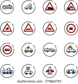 line vector icon set - airport bus vector, trap truck, climb road sign, embankment, tractor way, car crash, for moto, no, electric, cabrio, baggage, moon rover, toy, plane