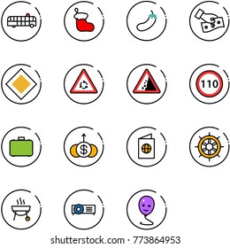 line vector icon set - airport bus vector, christmas sock, eggplant, cash pay, main road sign, round motion, landslide, speed limit 110, case, dollar growth, passport, hand wheel, grill, projector