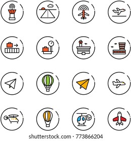 line vector icon set - airport tower vector, runway, plane radar, departure, baggage, scales, building, paper fly, air balloon, helicopter, toy